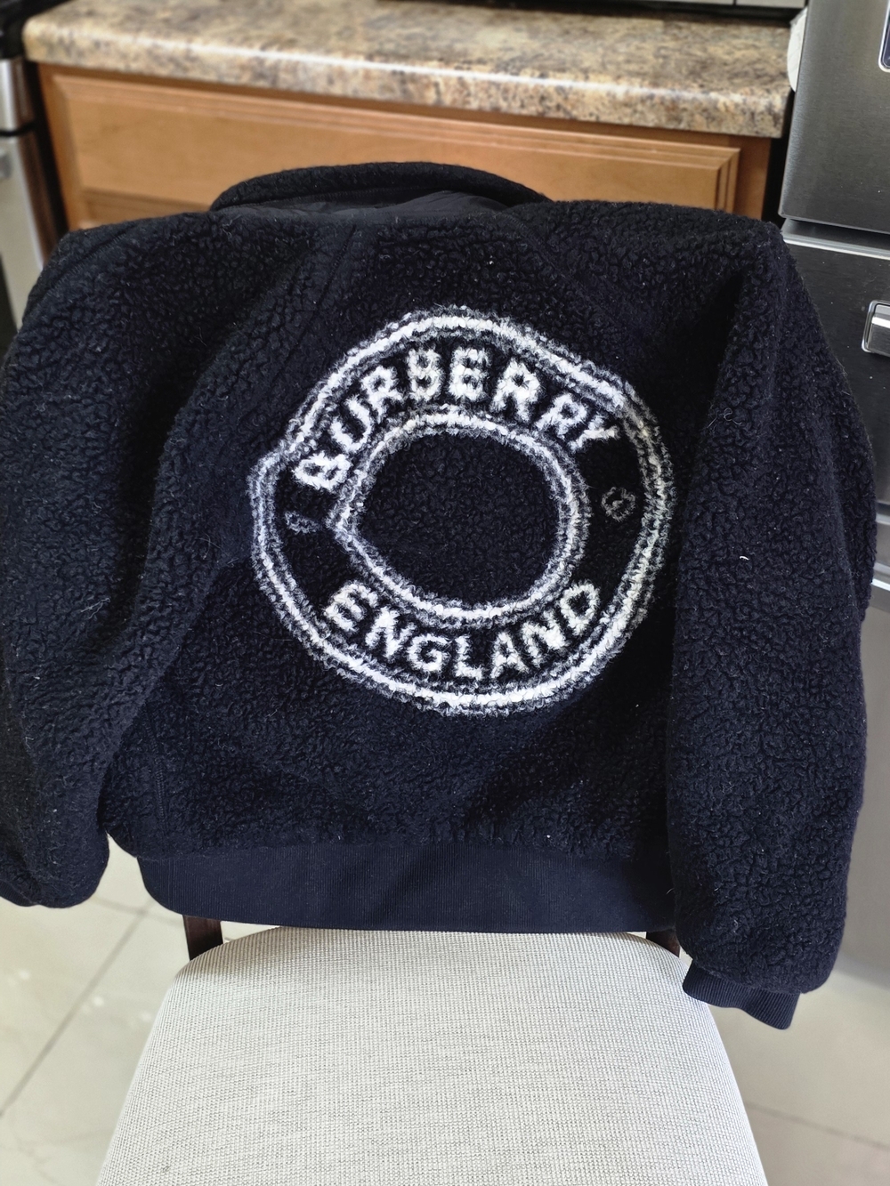 Burberry Black Sherpa Jacket with White England Patch